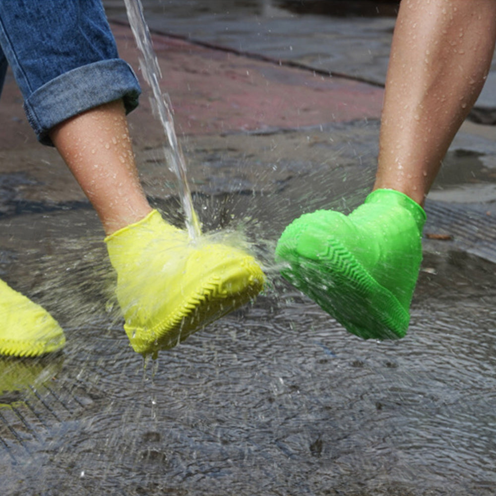 2 Pairs Waterproof Silicone Shoe Covers Protective Rubber Rain Overshoes-Black