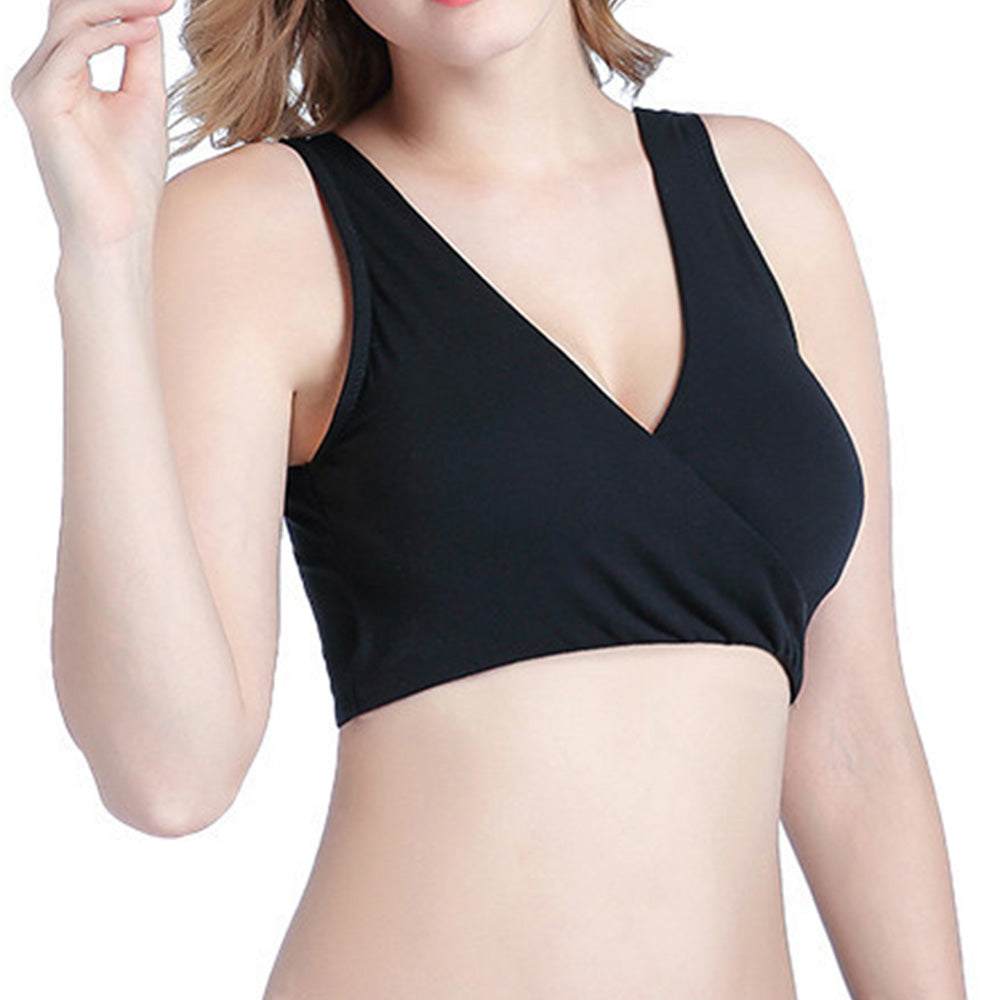 Seamless Wireless Cross Front Lounge Bra with Removable Pads for Women-Black