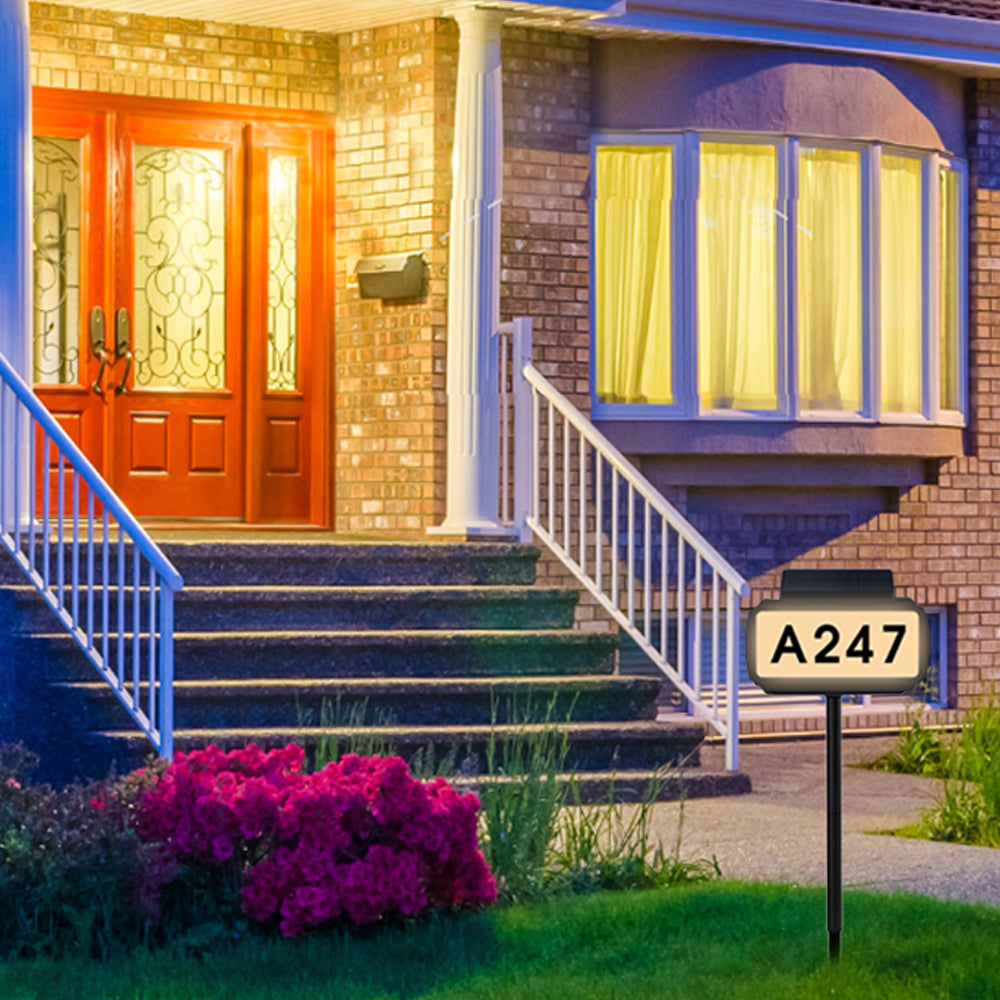 Solar Powered LED Illuminated Address Plaque with Stakes 3-Color Lighting Modes