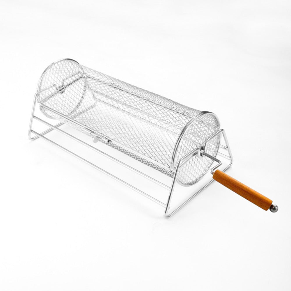Rotating Stainless Steel BBQ Grill Basket with Stand and Handle for Camping Garden