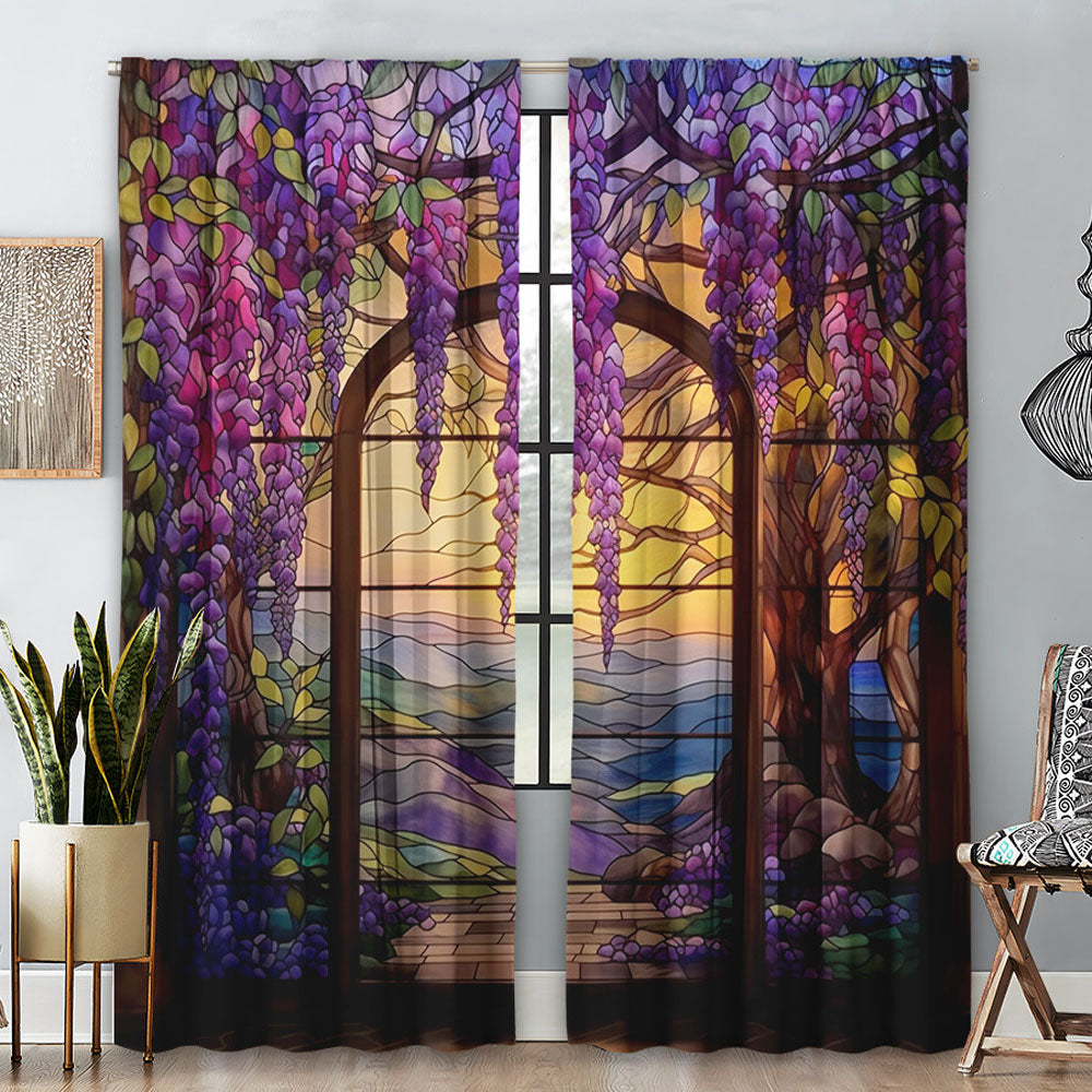2Pcs Stained Glass Flower Wisteria Printed Curtain for Home Decor