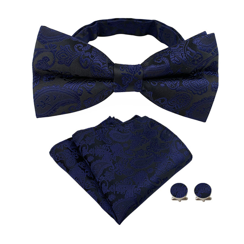 4 Piece Mens Jacquard Pre Tied Bow Tie Pocket Square and Cufflink Set