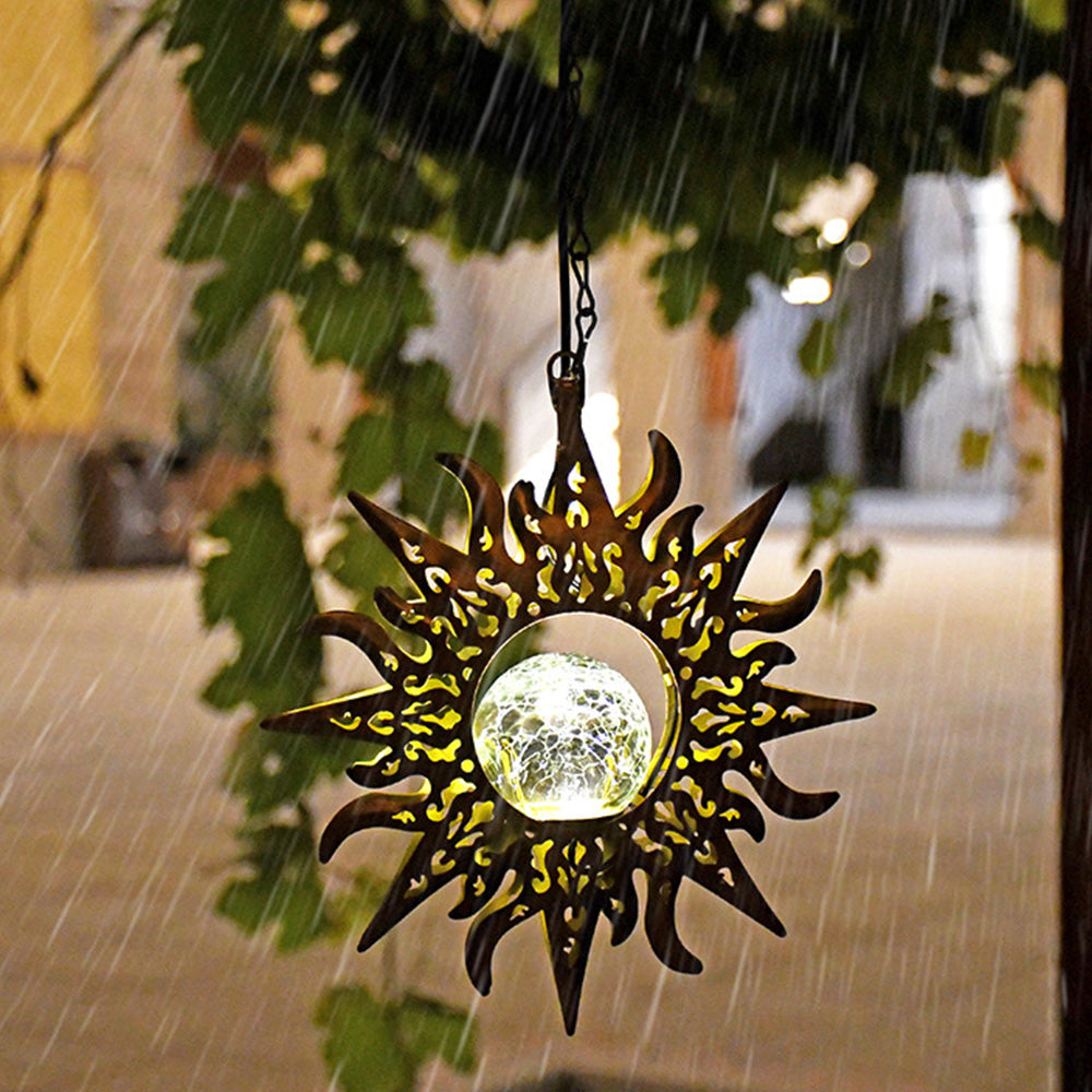 Hanging Solar Lights Outdoor Sun Moon Cracked Glass Lantern for Garden Patio Decor