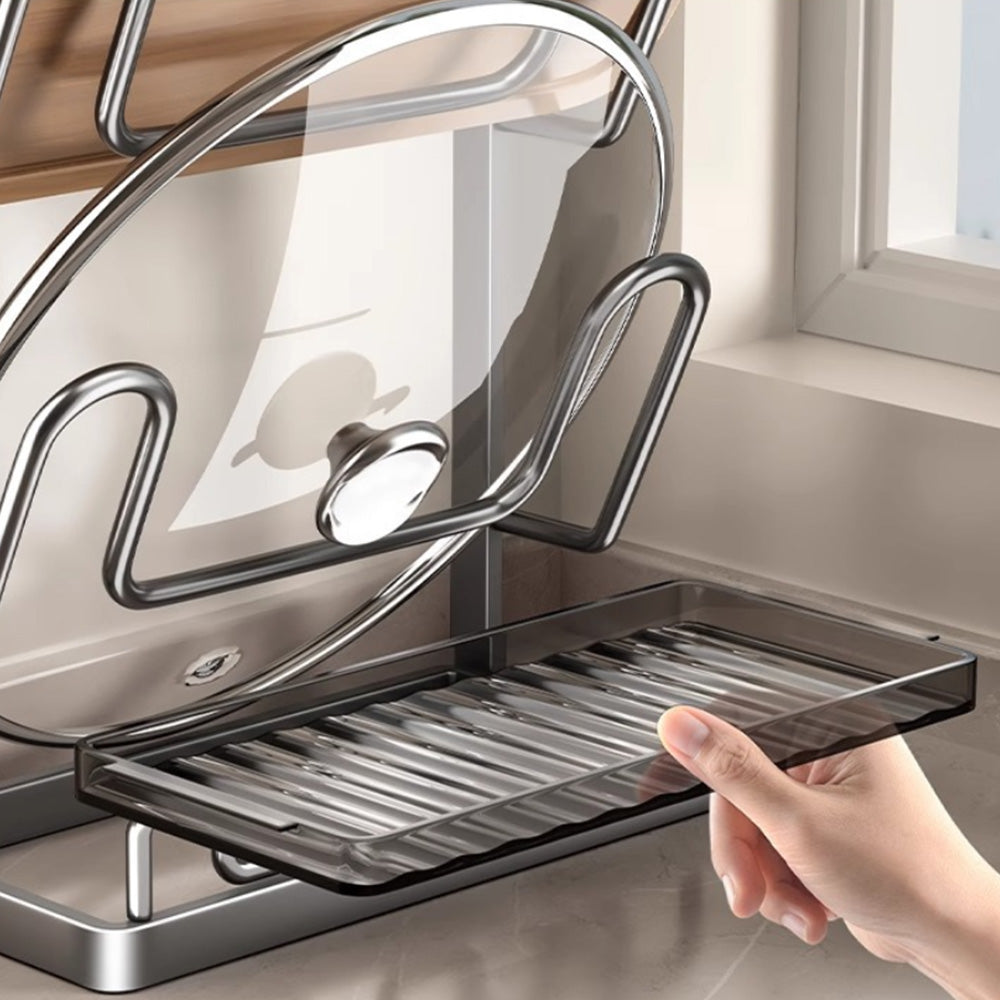 Kitchen Pot Lid Storage Rack Carbon Steel Holder with Drip Tray Organizer