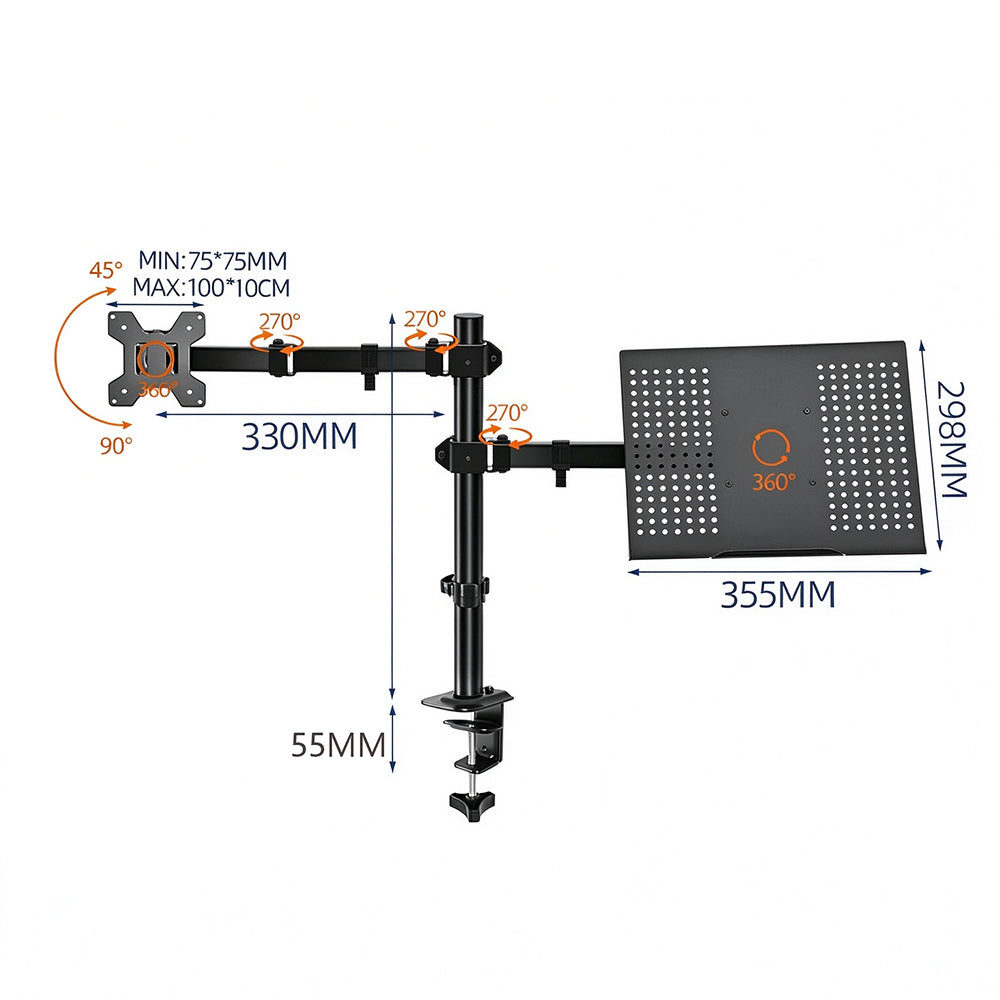 Dual Screen Laptop and Monitor Stand with Adjustable Independent Arms
