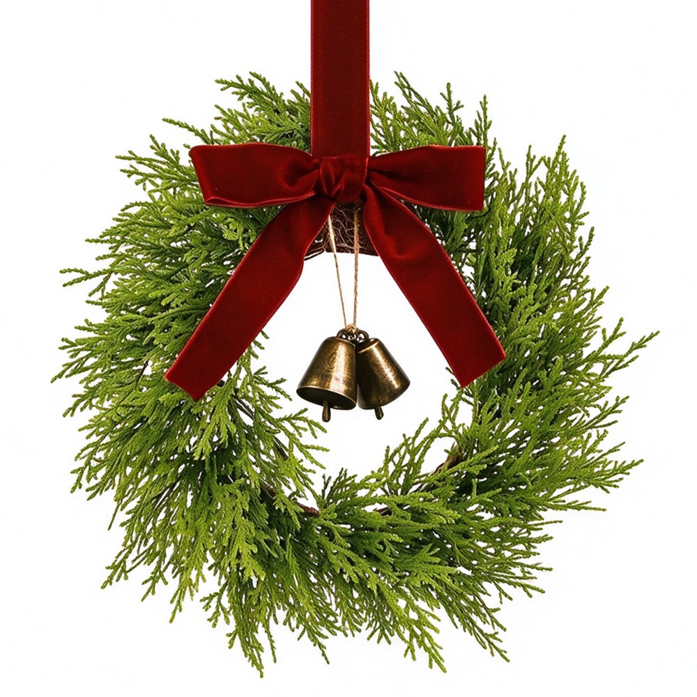 Vintage Brass Bell Christmas Wreaths with Burgundy Bow
