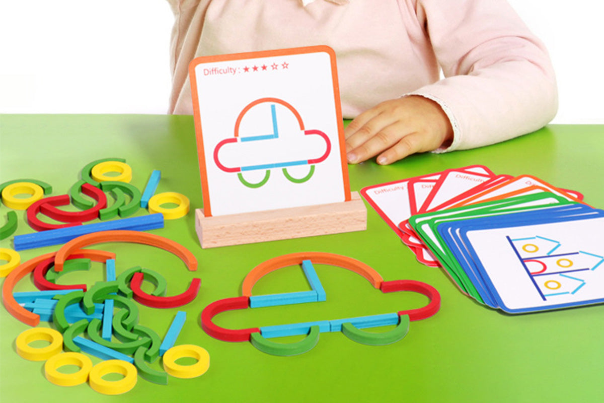 142Pcs Wooden Pattern Blocks Set with Sticks and Rings Brain Teaser Toys