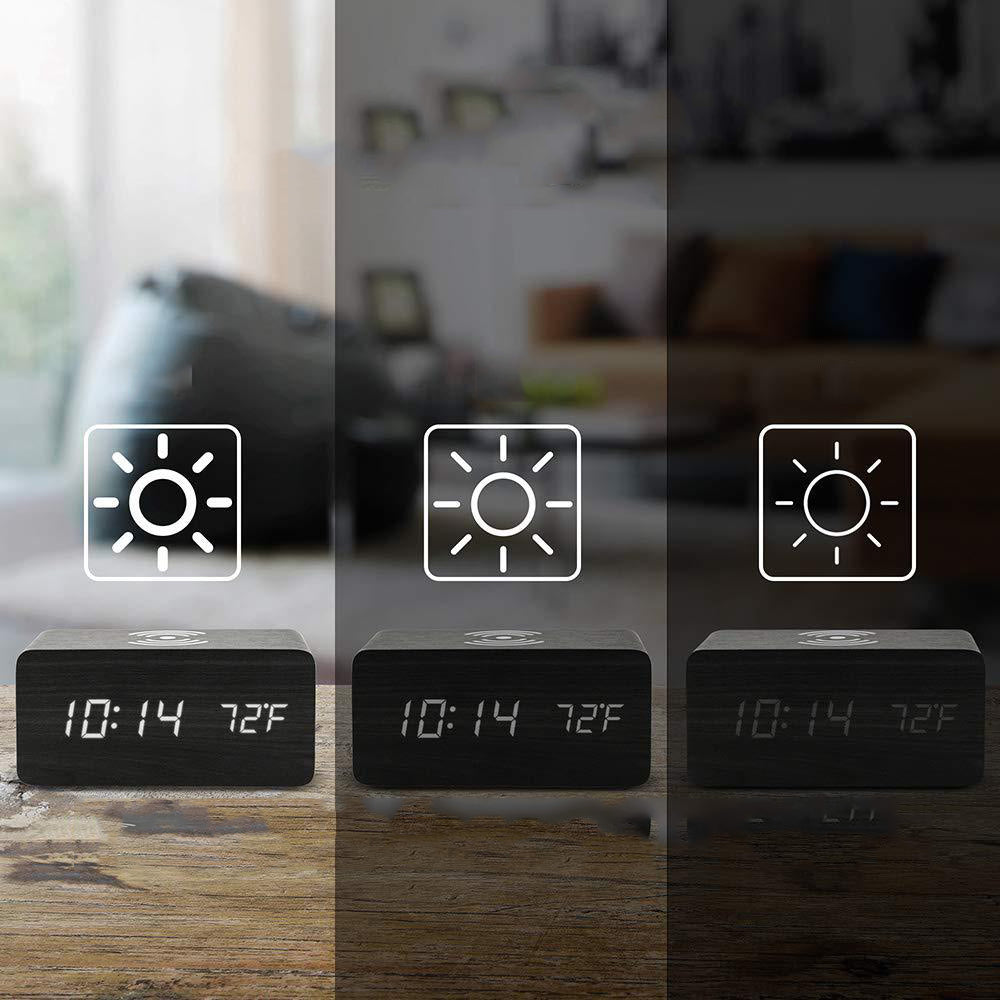 2Pcs Wooden Digital Alarm Clock with Wireless Charger