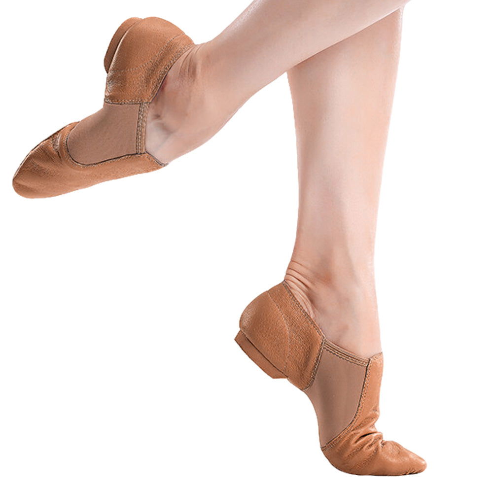 Leather Dance Shoes with Stretch Fabric Slip Resistant Sole Low Heel Women-Brown