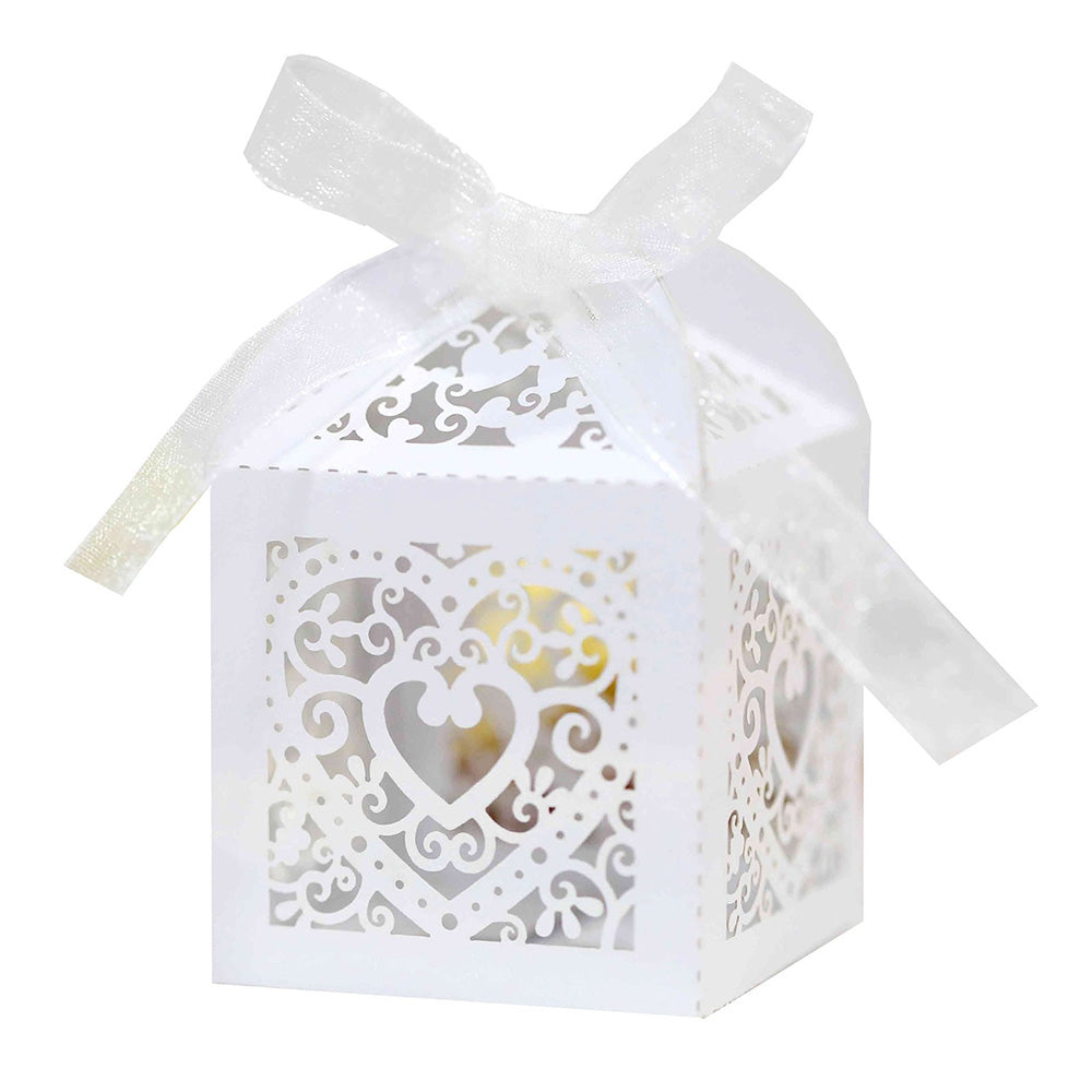 50 Pack Laser Cut Pearl Paper Candy Favor Boxes with Ribbons