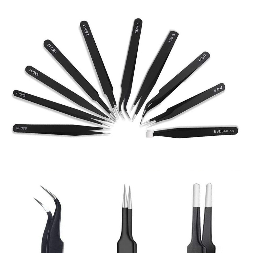 10 Piece Precision Tweezers Set with Bag Stainless Steel Anti Static Tweezers Repair Tool Kit for Electronics