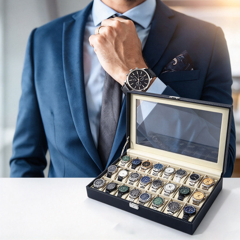 24 Compartment PU and Glass Watch Display Storage Box for Jewelry
