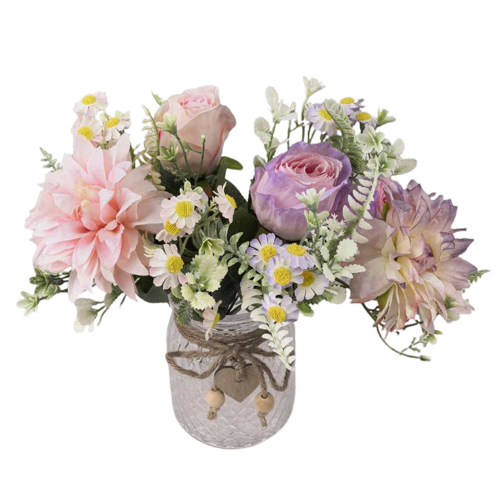 Silk Artificial Flowers with Glass Vase Set for Home Decoration