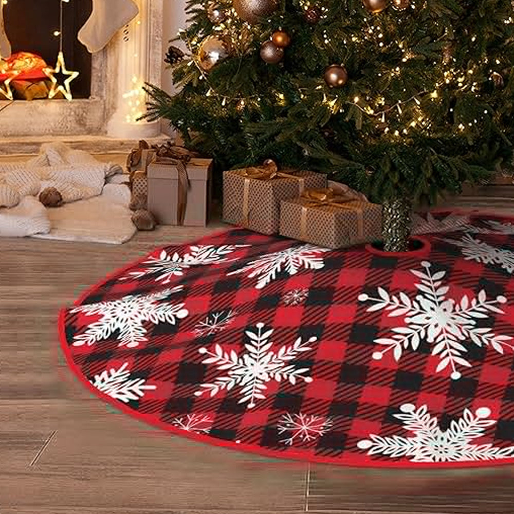 90/122CM Plaid Red-Black Christmas Tree Skirt with White Snowflake-Style 3