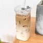 2Pcs 400ML Clear Glass Cup with Lid and Straw Square Glass Water Glass