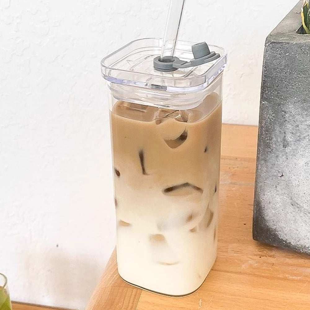 2Pcs 400ML Clear Glass Cup with Lid and Straw Square Glass Water Glass