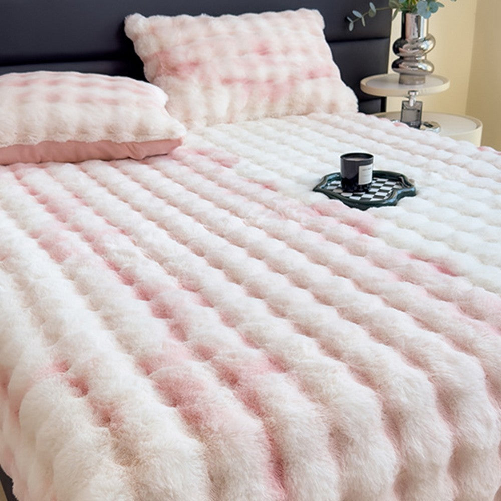 Faux Fur Fitted Sheet with Pillowcases-Pink