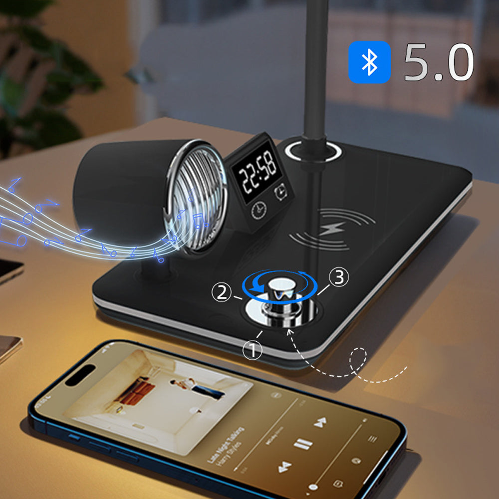 4 in 1 LED Desk Lamp with Wireless Charger Bluetooth Speaker and Alarm Clock