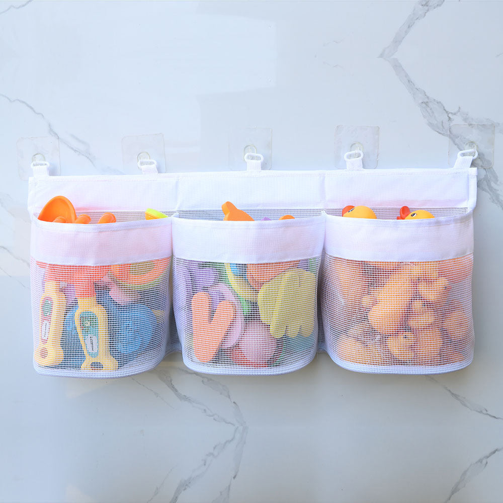 3 Compartment Horizontal Large Openings Bath Toy Organizer Hanging Mesh Shower Organizer
