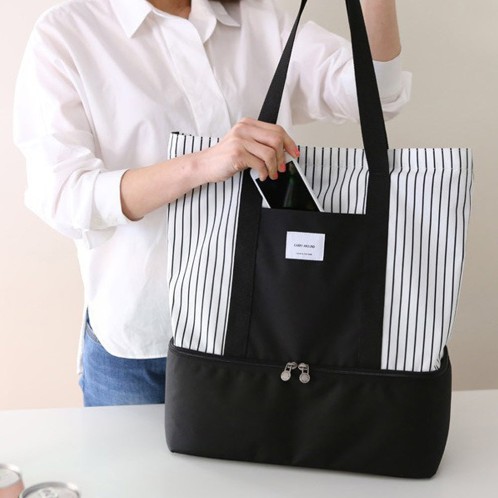 Black White Striped Double Layer Insulated Lunch Bag for Outdoor