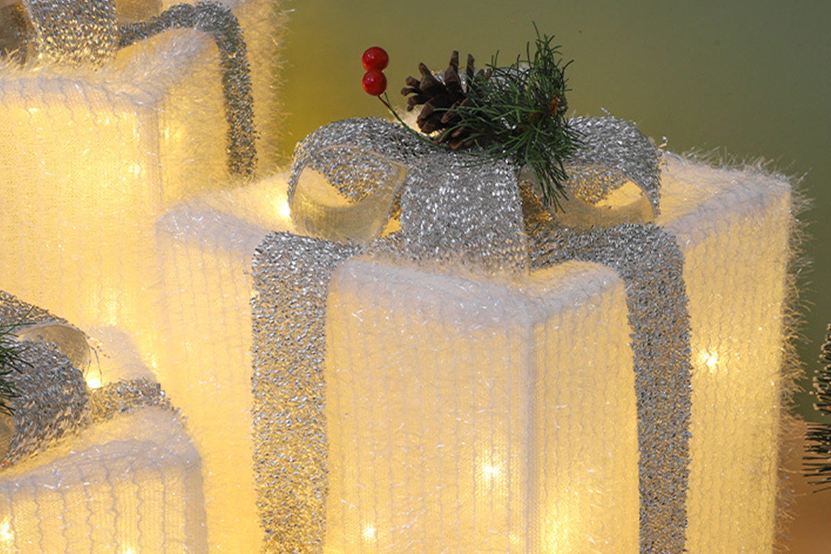 3PCS Christmas Lighted Gift Boxes With 8 Modes For Holiday Indoor Outdoor Decorations