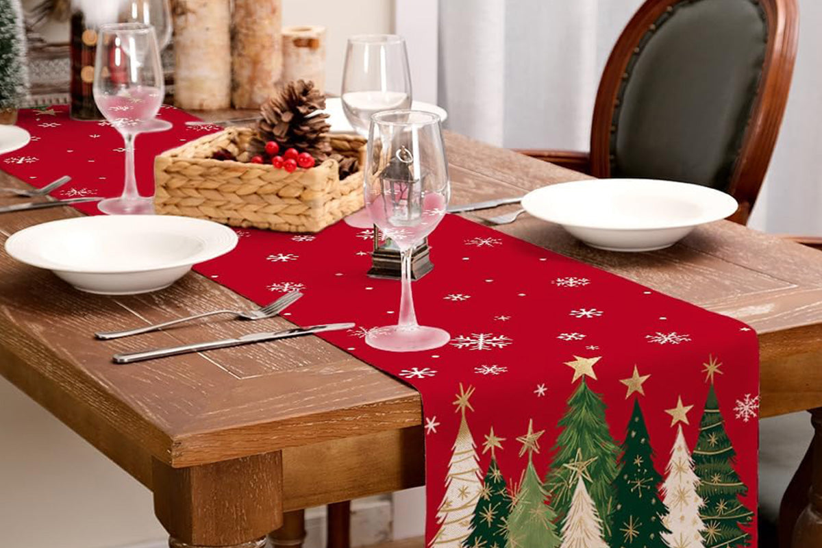 Christmas Table Runner Xmas Trees Tablecloth Cover For Kitchen Dinner Party