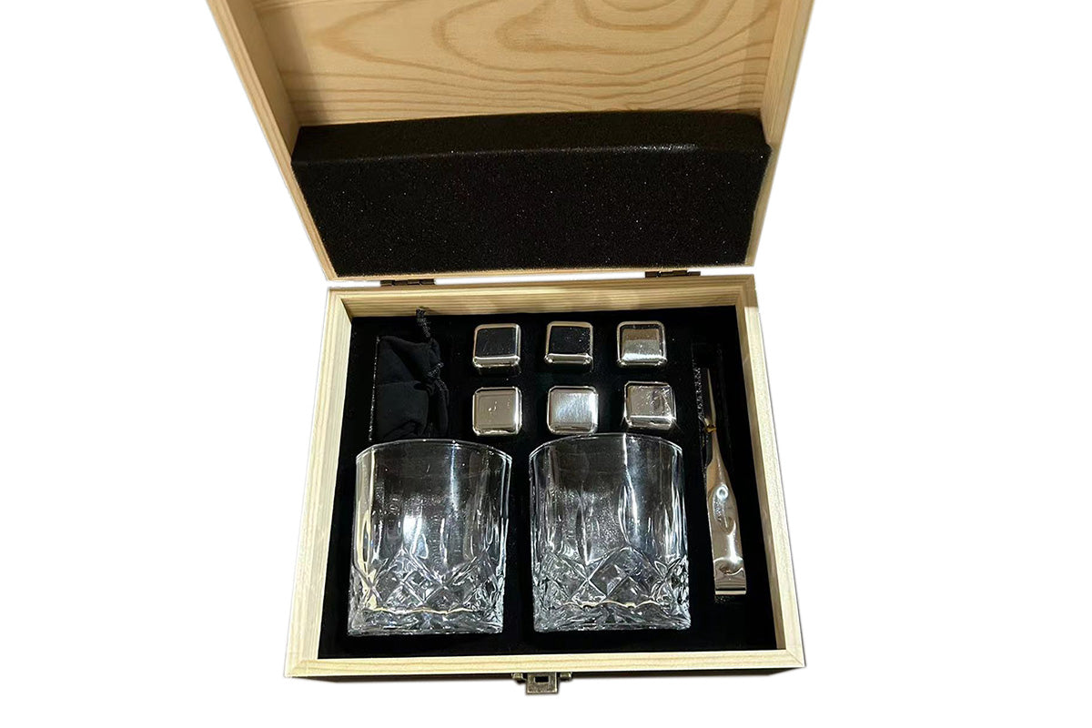 Whiskey Glass Set for Men Stainless Steel Tumblers with Whiskey Stones and Wooden Box