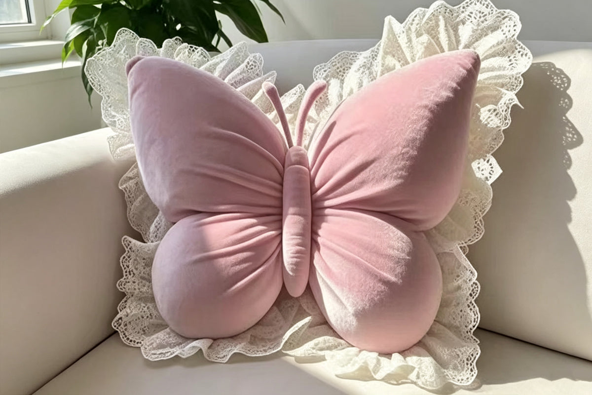 Butterfly Shape Throw Pillow with Lace Ruffle Trim Decorative Cushion Home Decor Cushion Butterfly Velvet Throw Pillow