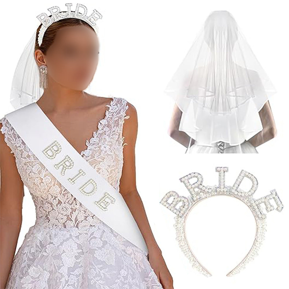 Bride Accessory Set with Veil Sash and Headband for Bachelorette Party Bridal Shower