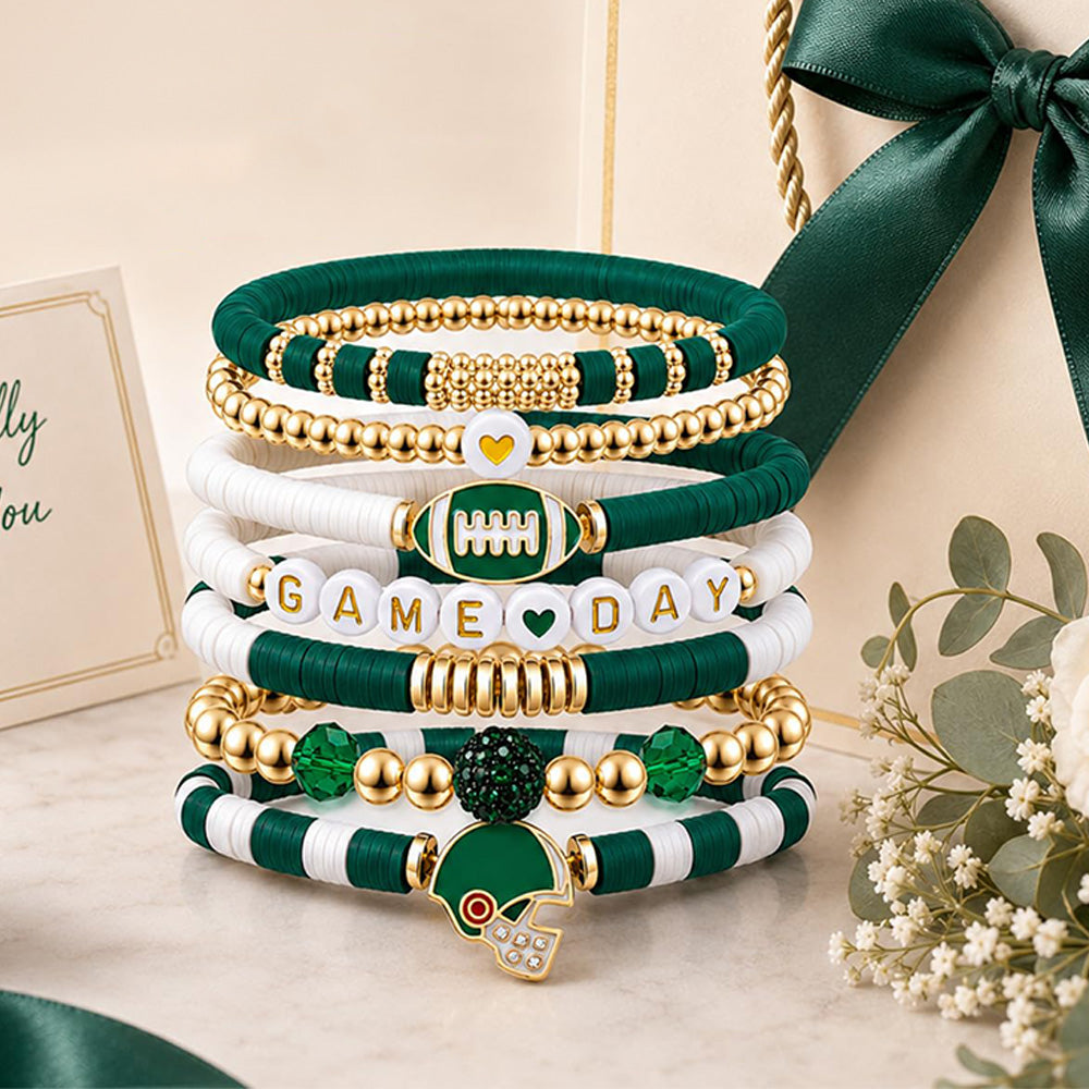 7 Piece Elastic Clay Bead Football Bracelet Stack Set