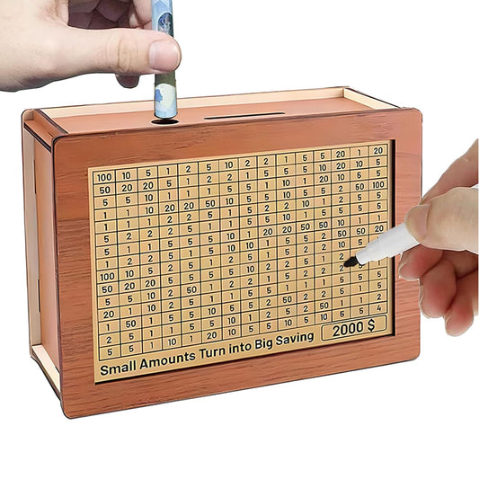 Wooden Money Savings Box Saving Challenge Box with 8 Replaced Amounts Stickers