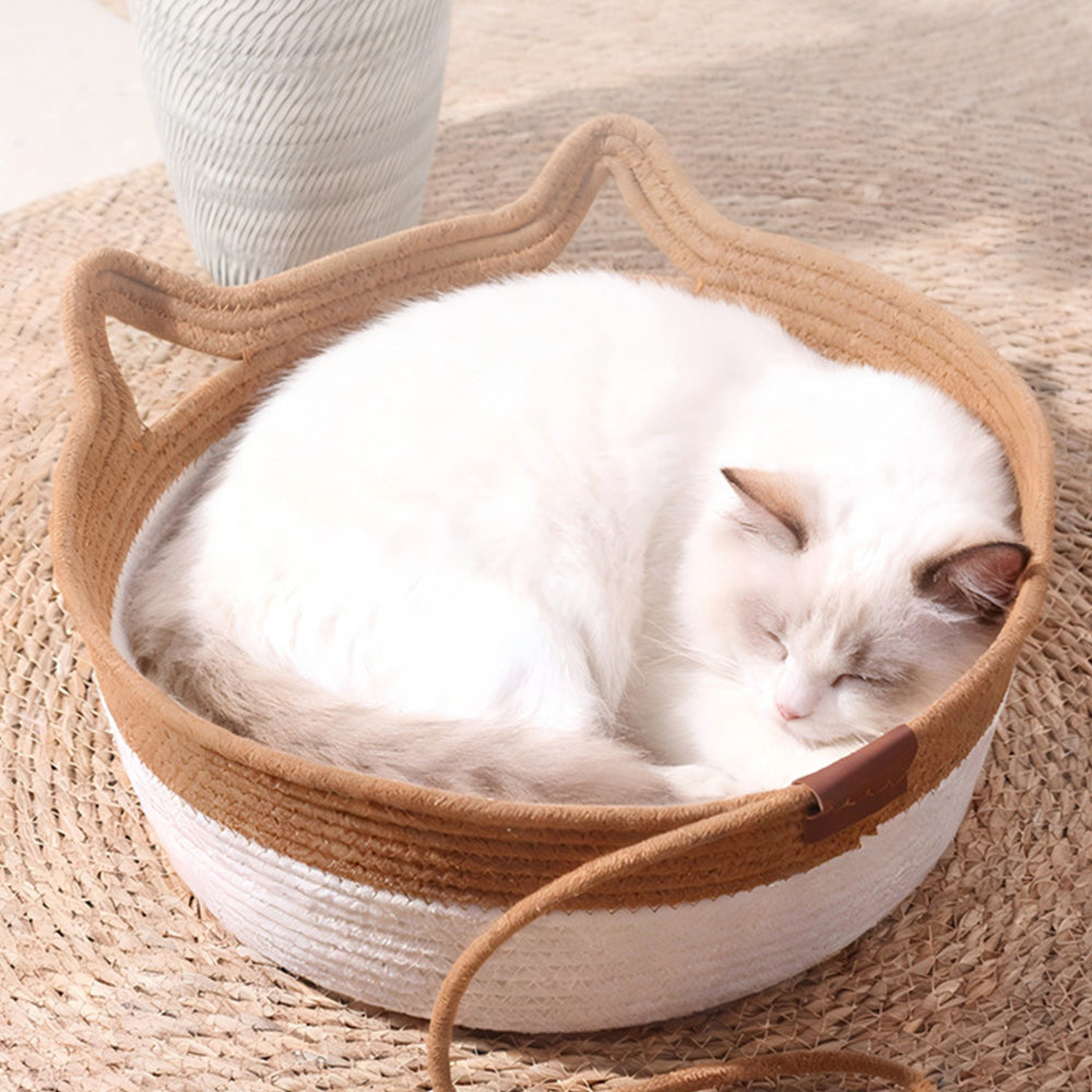 Handwoven Cat Basket Rope Cotton Pet Bed Round Boho Style Cat Bed with Teaser Ball