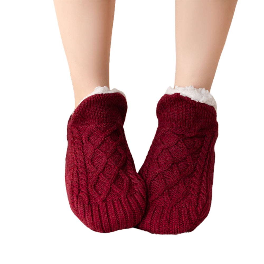 V Cut Faux Shearling Slipper Socks Non Slip Indoor Winter Socks-Wine Red