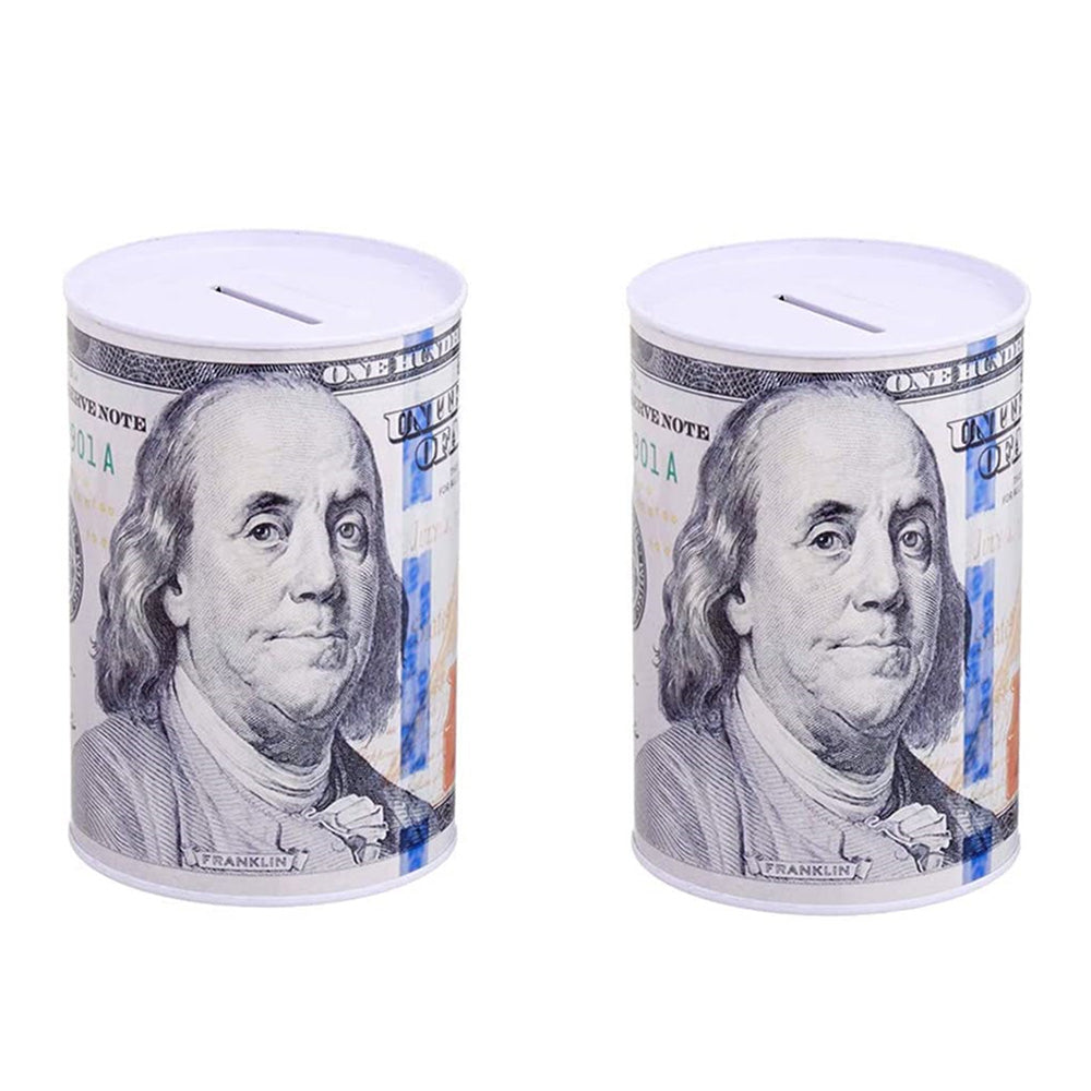 2 Pack Metal Money Saving Banks Benjamin Franklin 100 Dollar Bill Tin Design