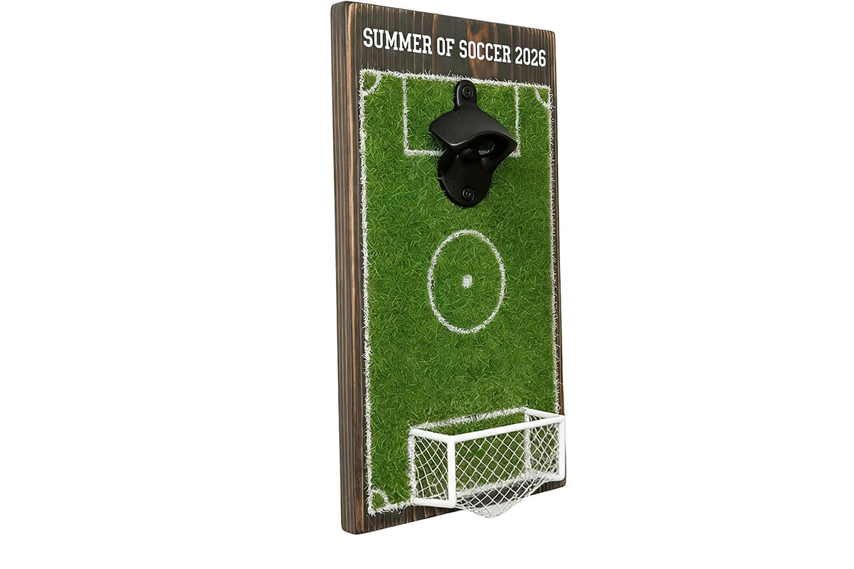 Soccer Field Wall Mounted Bottle Opener with Goal Net Cap Catcher Football Themed Beer Cap Opener