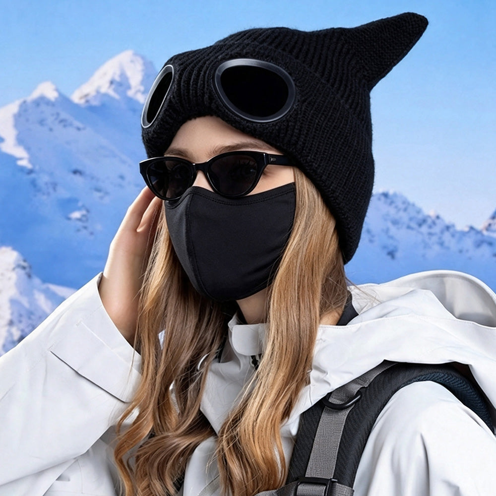 Double Layer Knit Winter Beanie with Goggles Cute Cat Ear Knit Beanie for Winter