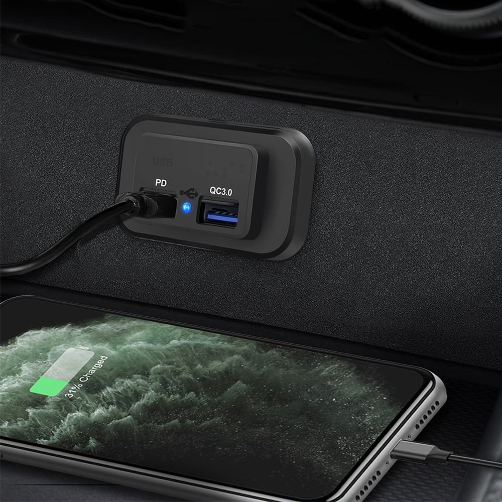 12V 24V PD 18W QC30 Dual Port Flush Mount Vehicle USB Charger