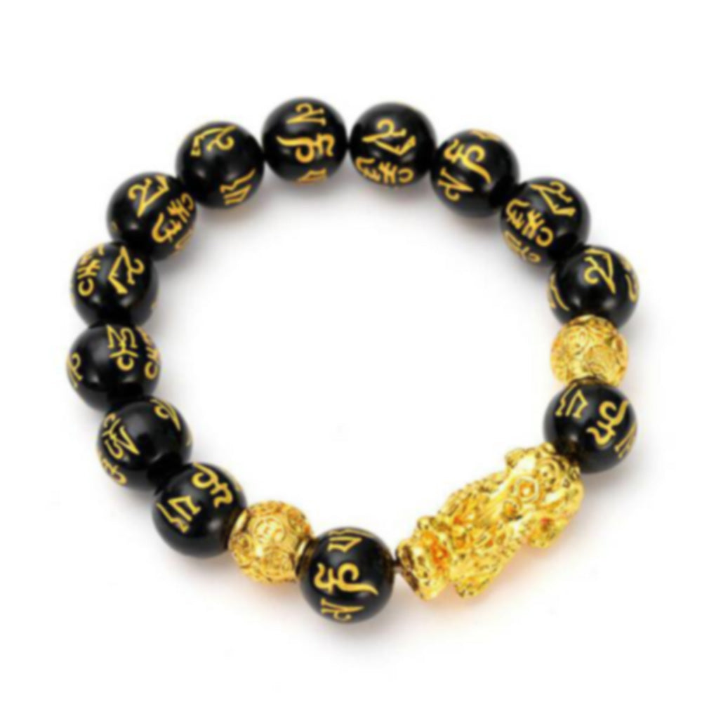 Feng Shui 12mm Black Mantra Beads Pi Xiu Bracelets for Women Men Attract Wealth and Good Luck