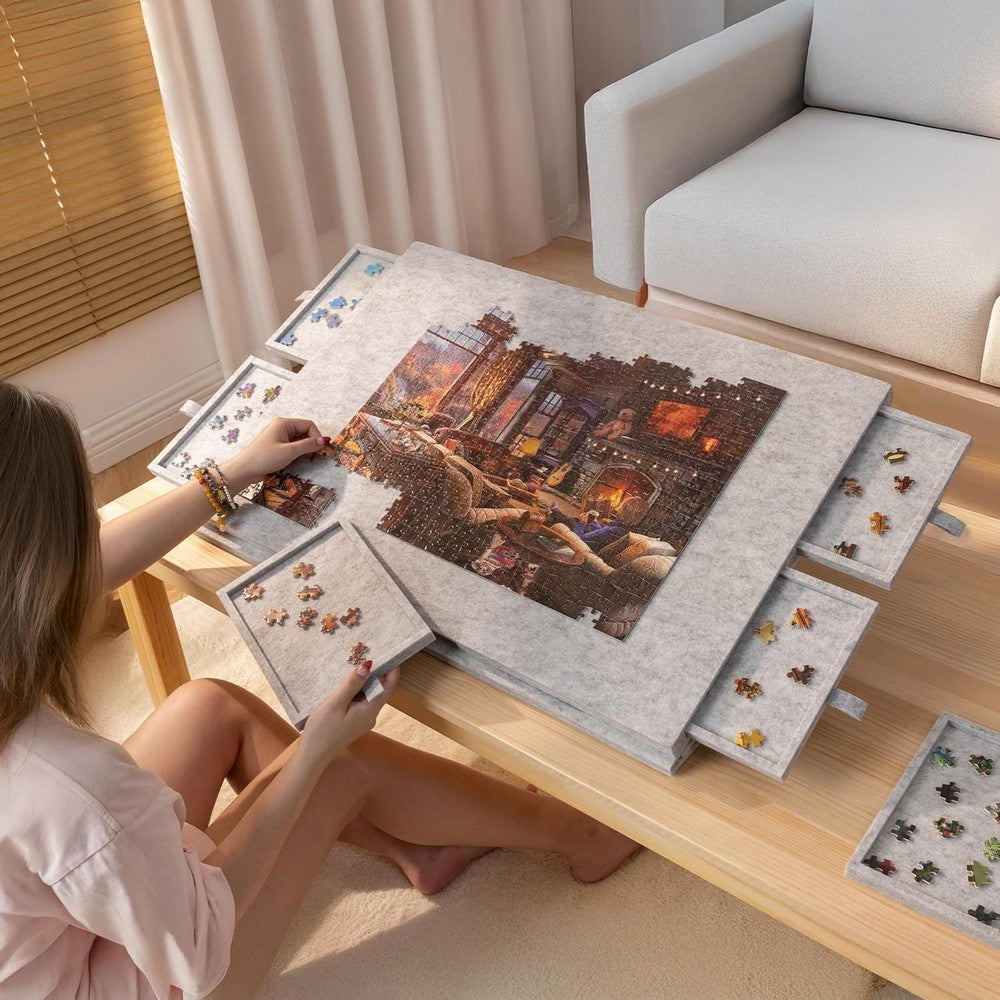 Puzzle Board with 6 Sliding Drawers Foldable Felt Puzzle Table Up to 1000 Pieces