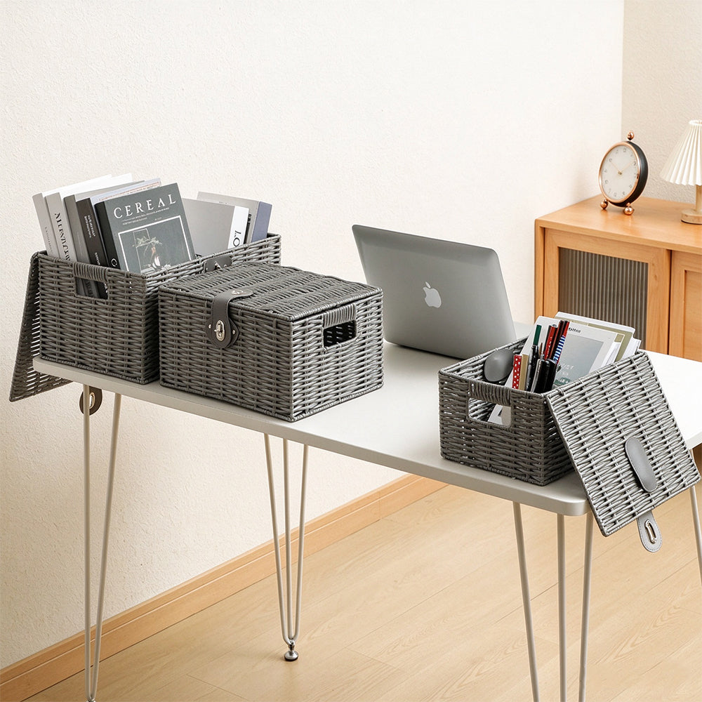 3 Piece Imitation Rattan Woven Storage Basket Set with Locking Lids-Grey