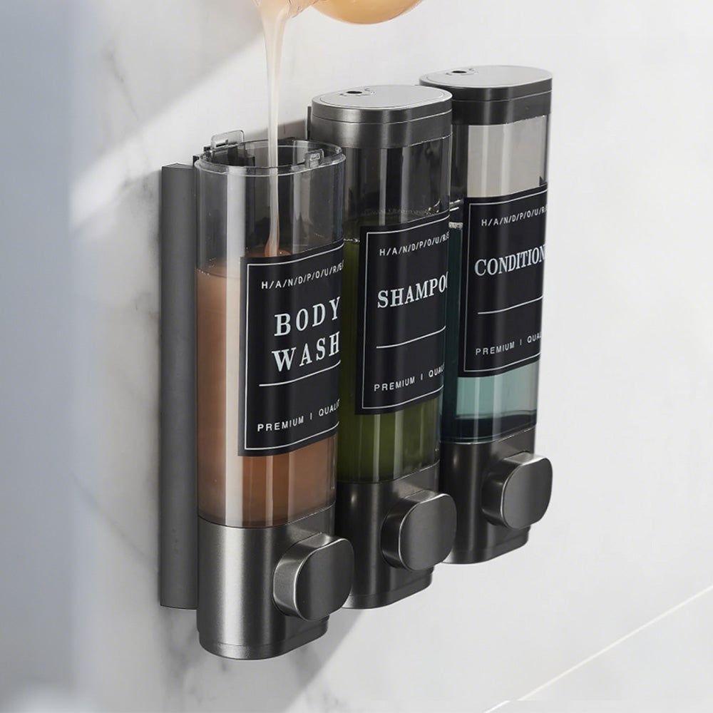 No-Drill Wall-Mounted Triple Soap Dispenser for Bathroom Shampoo Conditioner & Body Wash