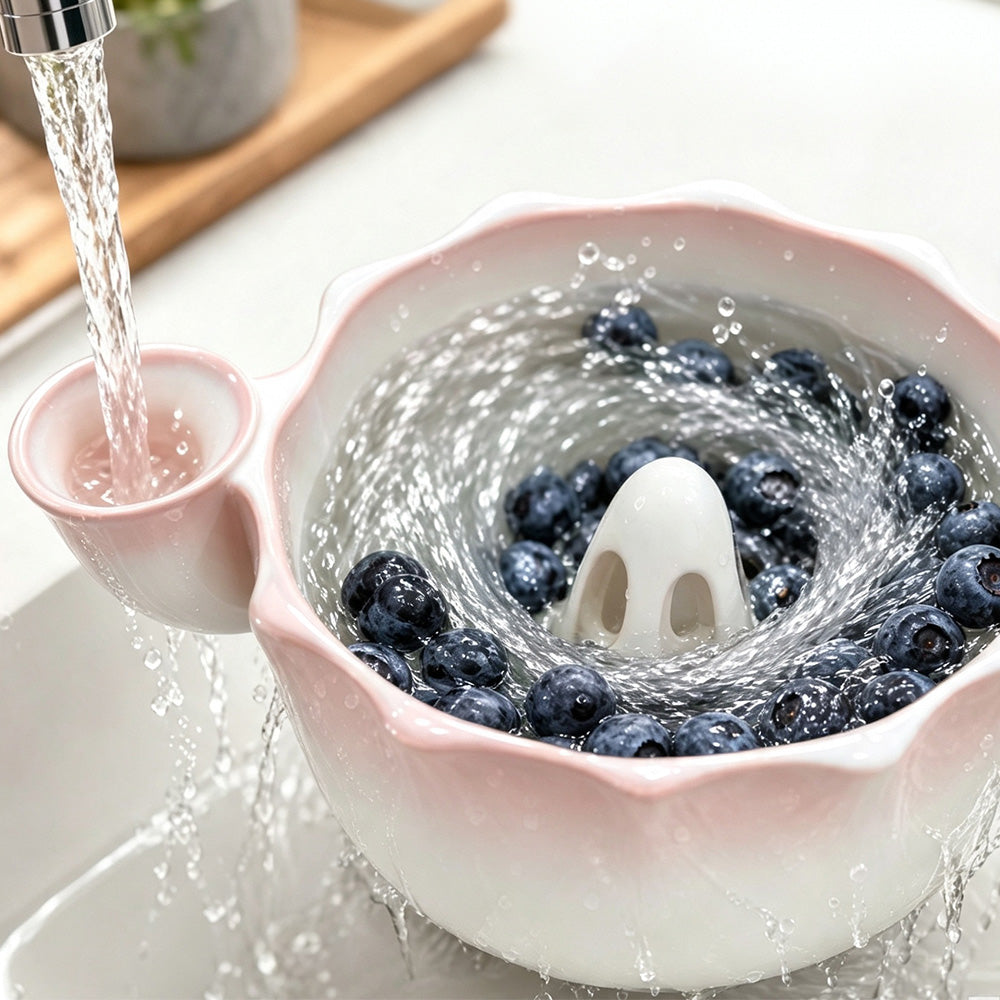 Self-Spinning Ceramic Berry Washing Bowl Set with Drain Holes and 2 Fruit Forks for Cleaning Berries