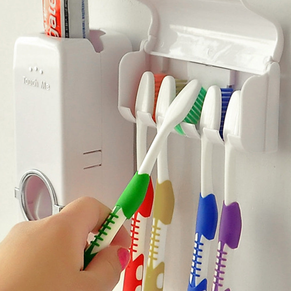Toothpaste Dispenser and 5 Toothbrush Holder Set Wall Mount Stand