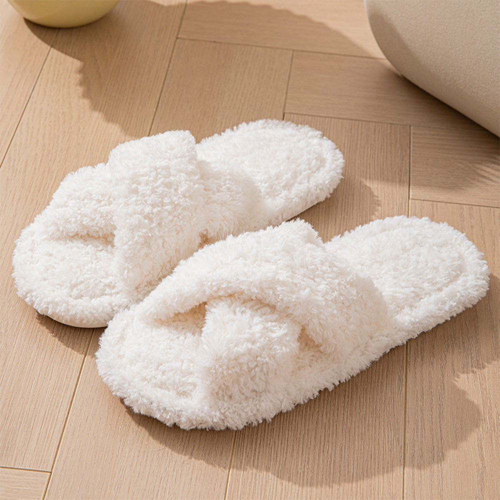 Women Fuzzy Cross Band Slippers Plush Indoor House Shoes Non Slip-White