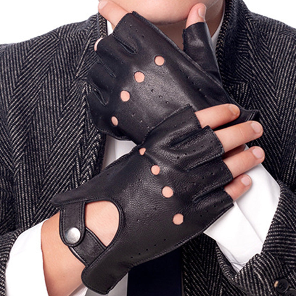 Mens Fingerless Leather Driving Gloves for Motorcycle Riding-Black