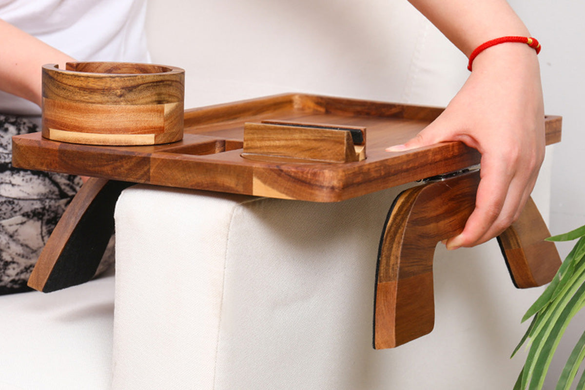 3-in-1 Wooden Sofa Arm Tray with Rotating Phone Holder and Cup Slot