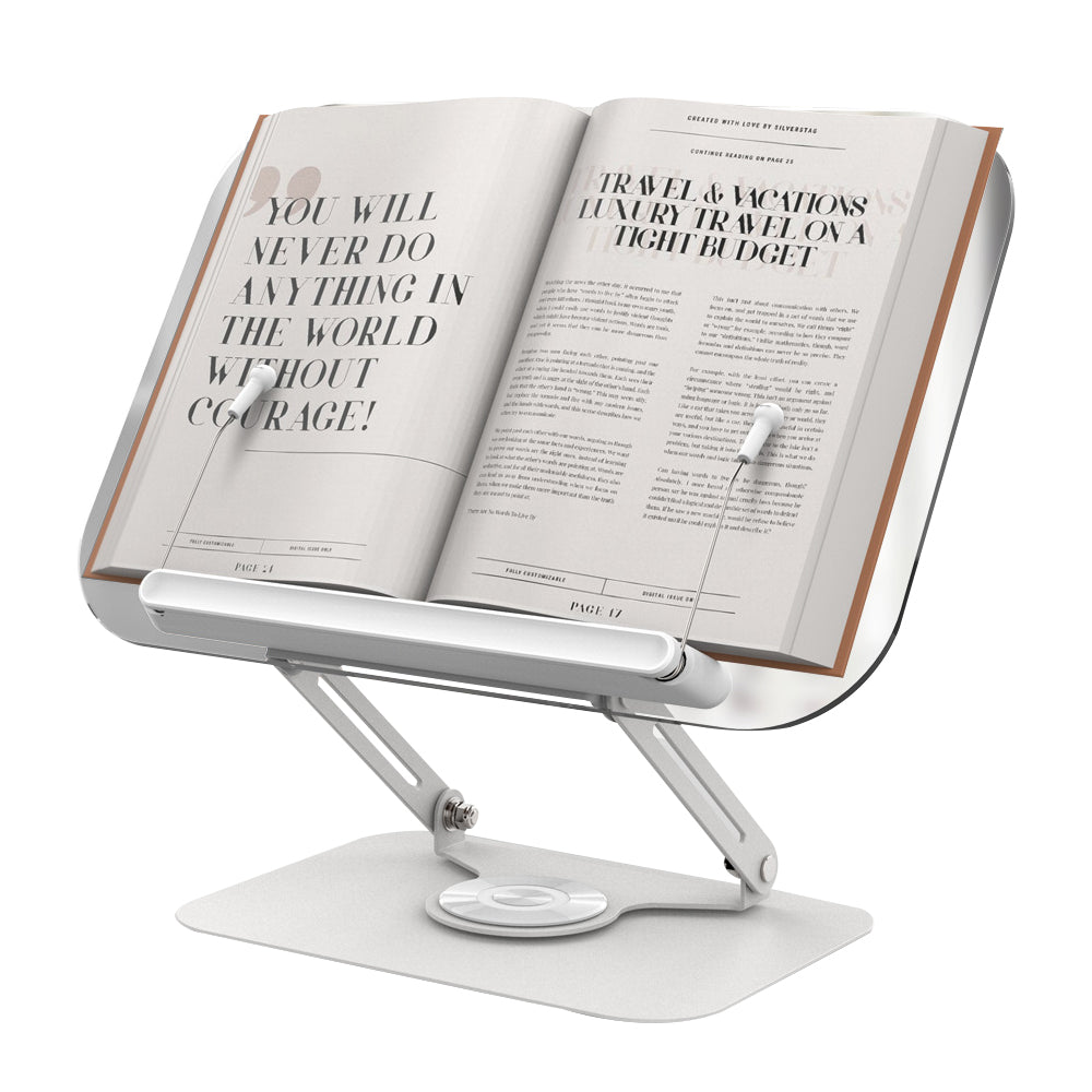 Adjustable Book Stand for Reading with 360 Degree Rotating Base and Page Clips