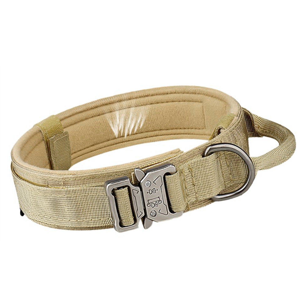 Adjustable Dog Collar with Handle Tactical Nylon Pet Collar for Medium Large Dogs-Khaki