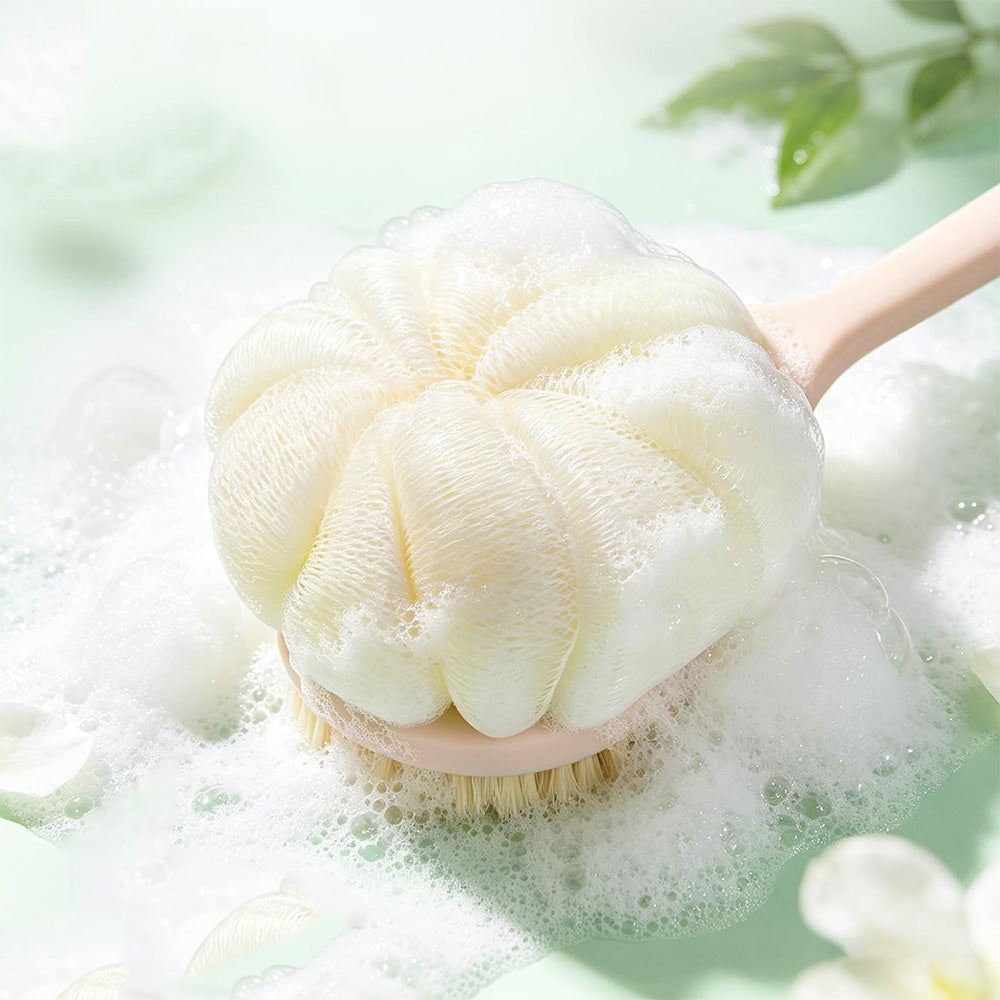 2 in 1 Double Sided Shower Brush with Loofah and Long Handle