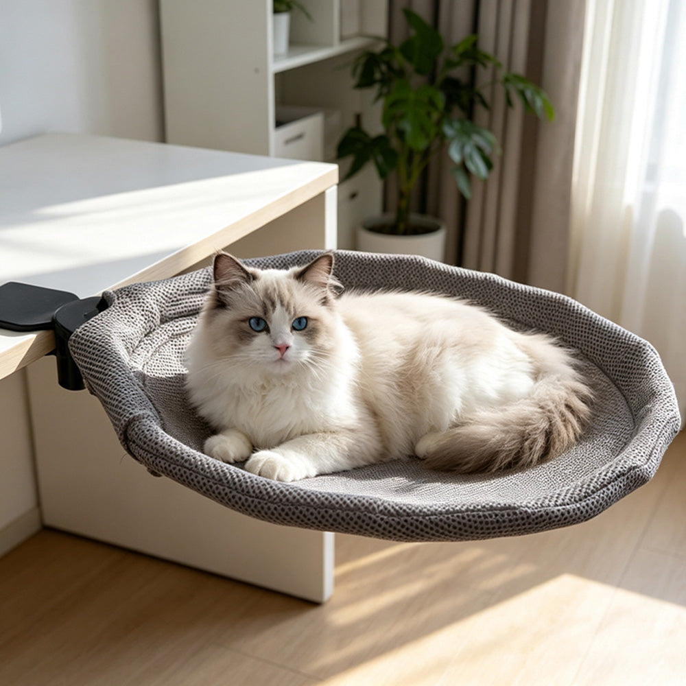 Desk Mounted Reversible Cat Hammock with Steel Frame in Gray